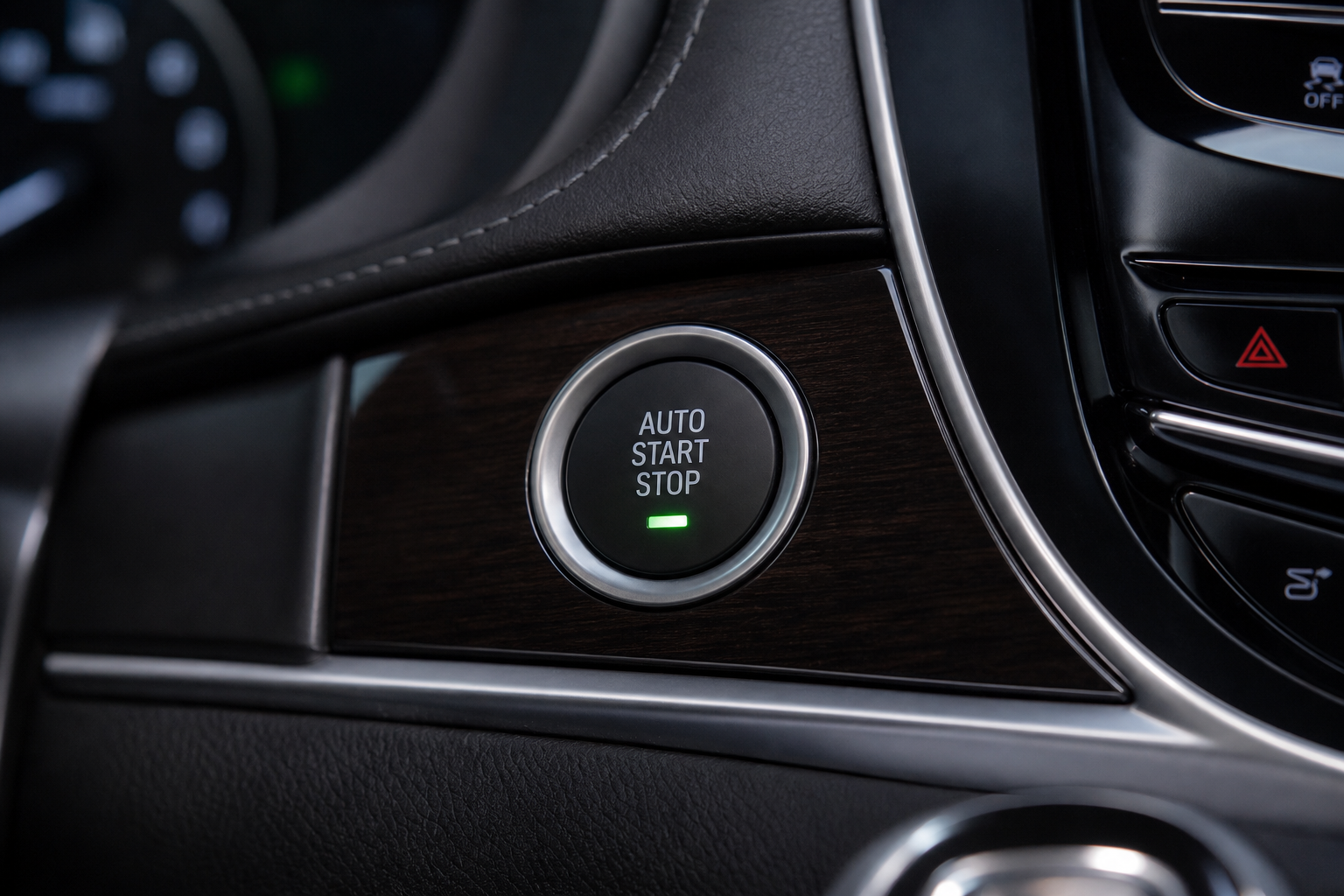Illuminated auto start/stop button on a Cadillac Escalade center console still showing as active