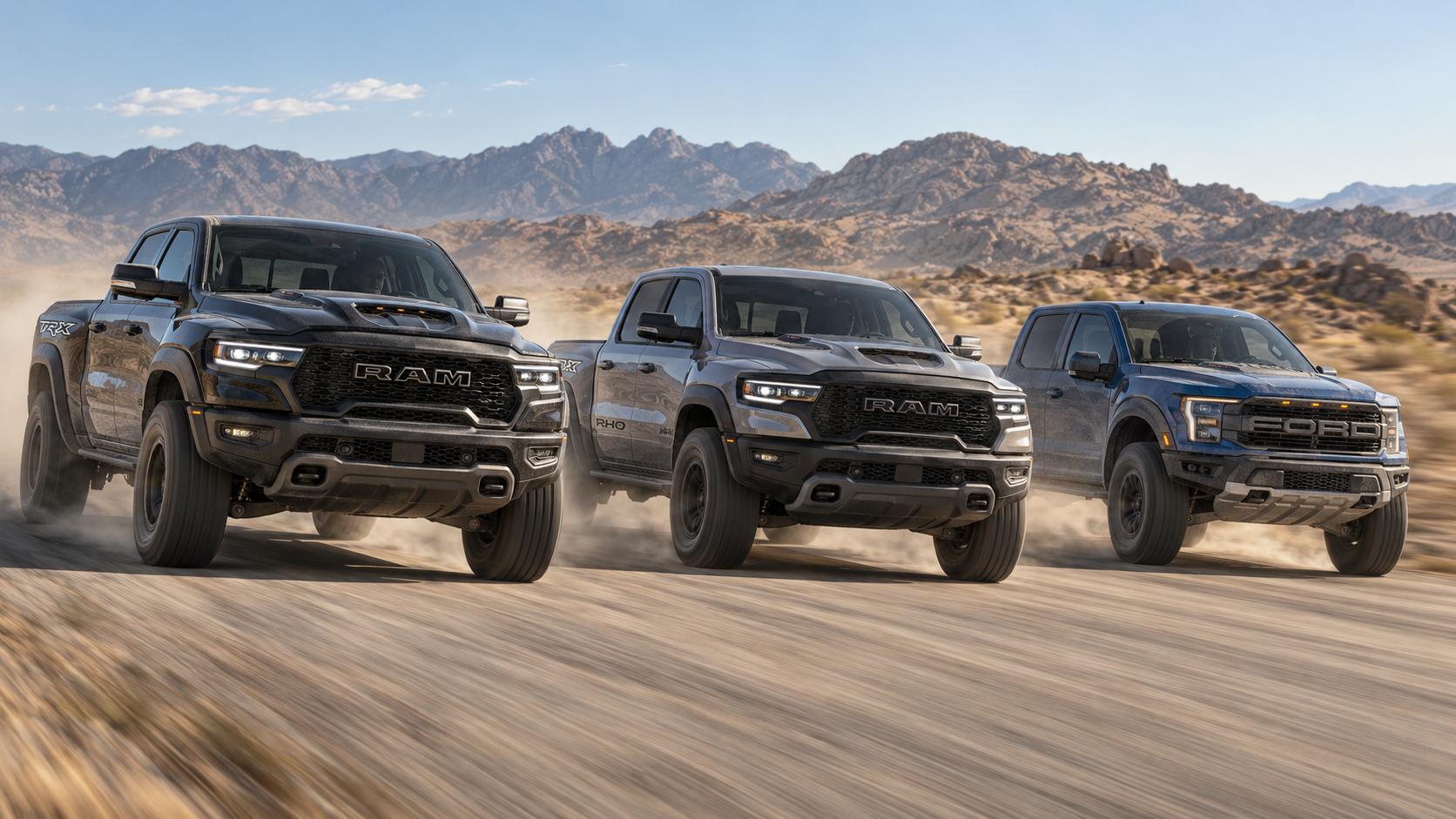 Ram TRX Ram RHO and Ford Raptor accelerating together on a desert road
