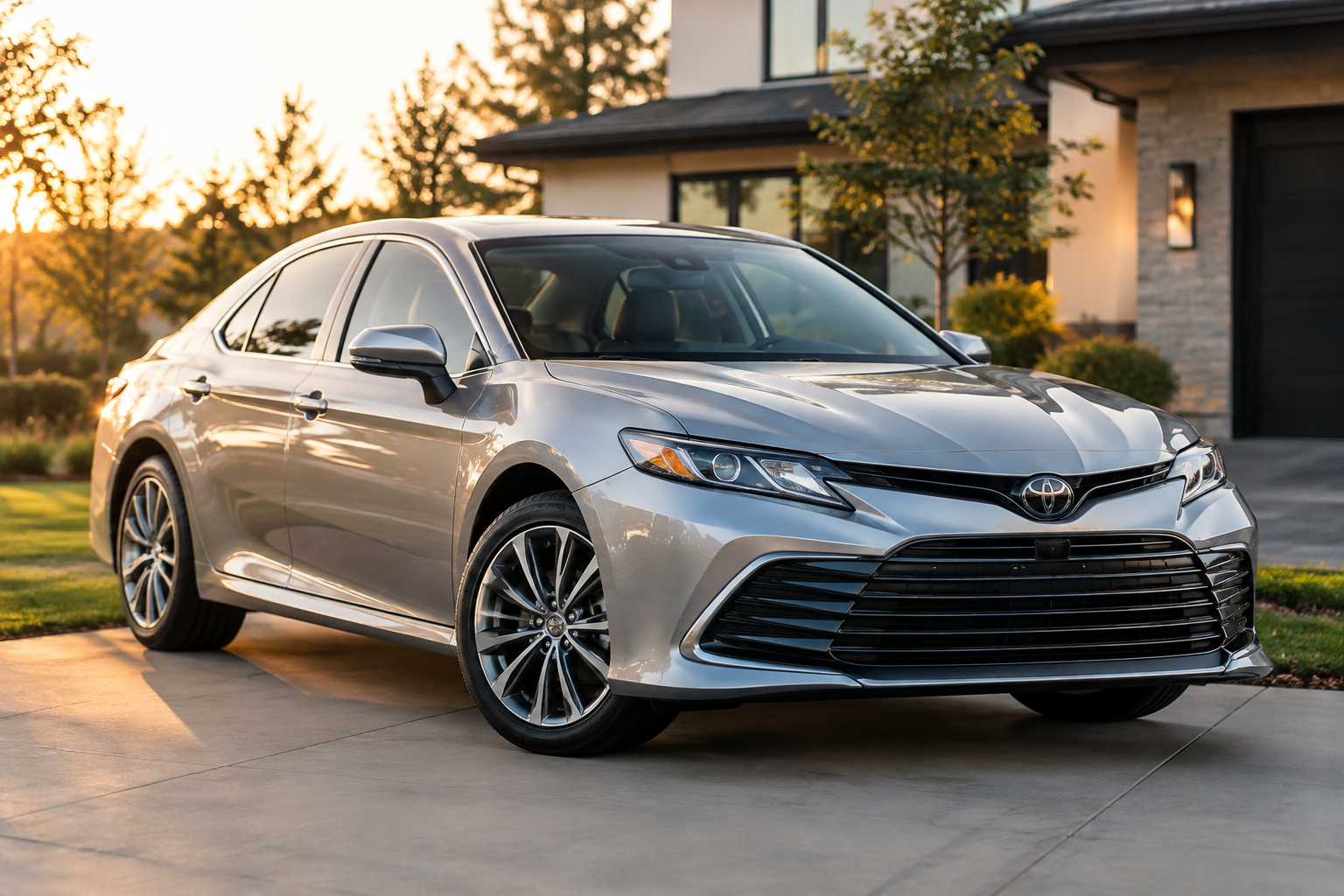 Silver Toyota Camry sedan parked in a sunny suburban driveway