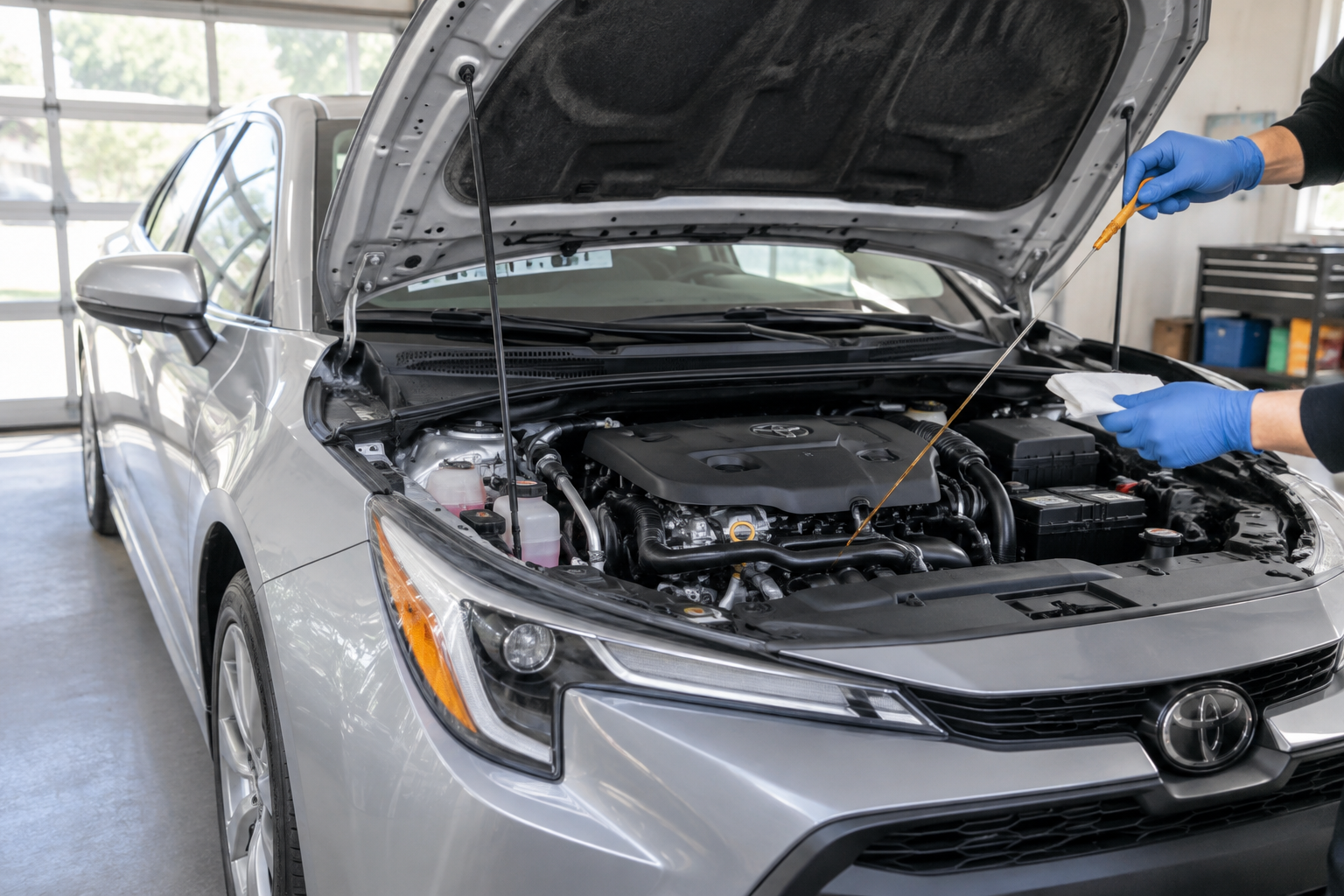 Toyota Corolla with hood open showing 2.0L engine during DIY maintenance