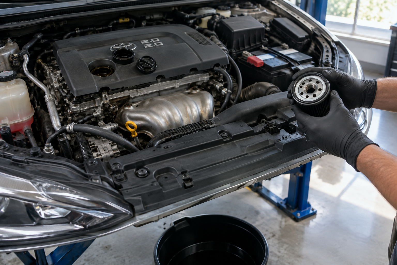 Close-up of a Toyota Corolla engine bay during a DIY oil change