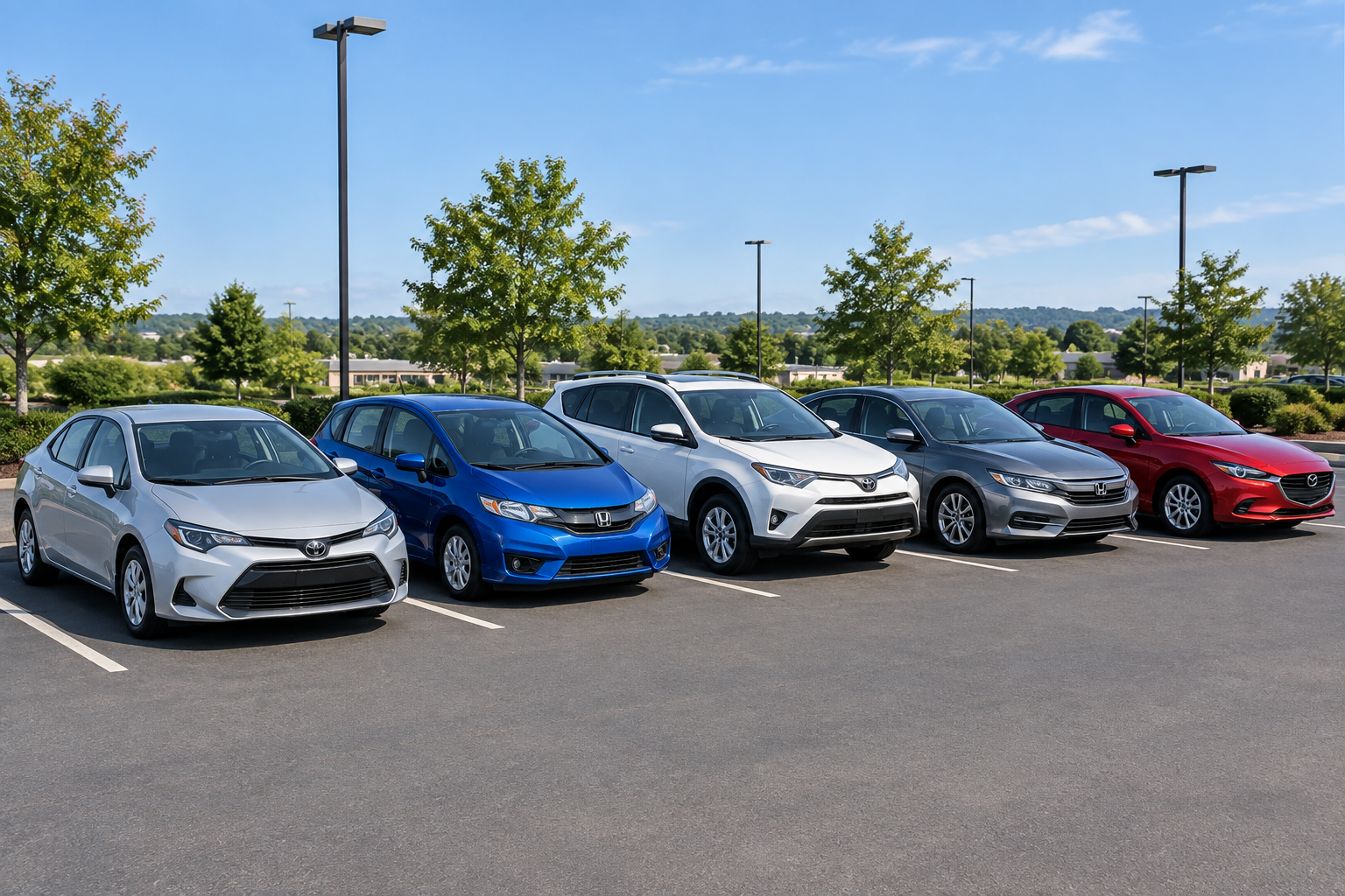Lineup of reliable used cars suitable as first cars for teenagers at a dealership lot