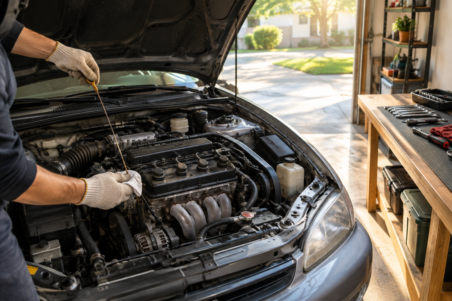 A person checking the engine of an easy-to-maintain sedan in a home garage