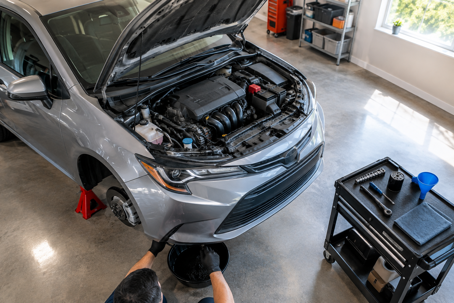 Compact car raised on a jack stand in a home garage ready for a quick oil change