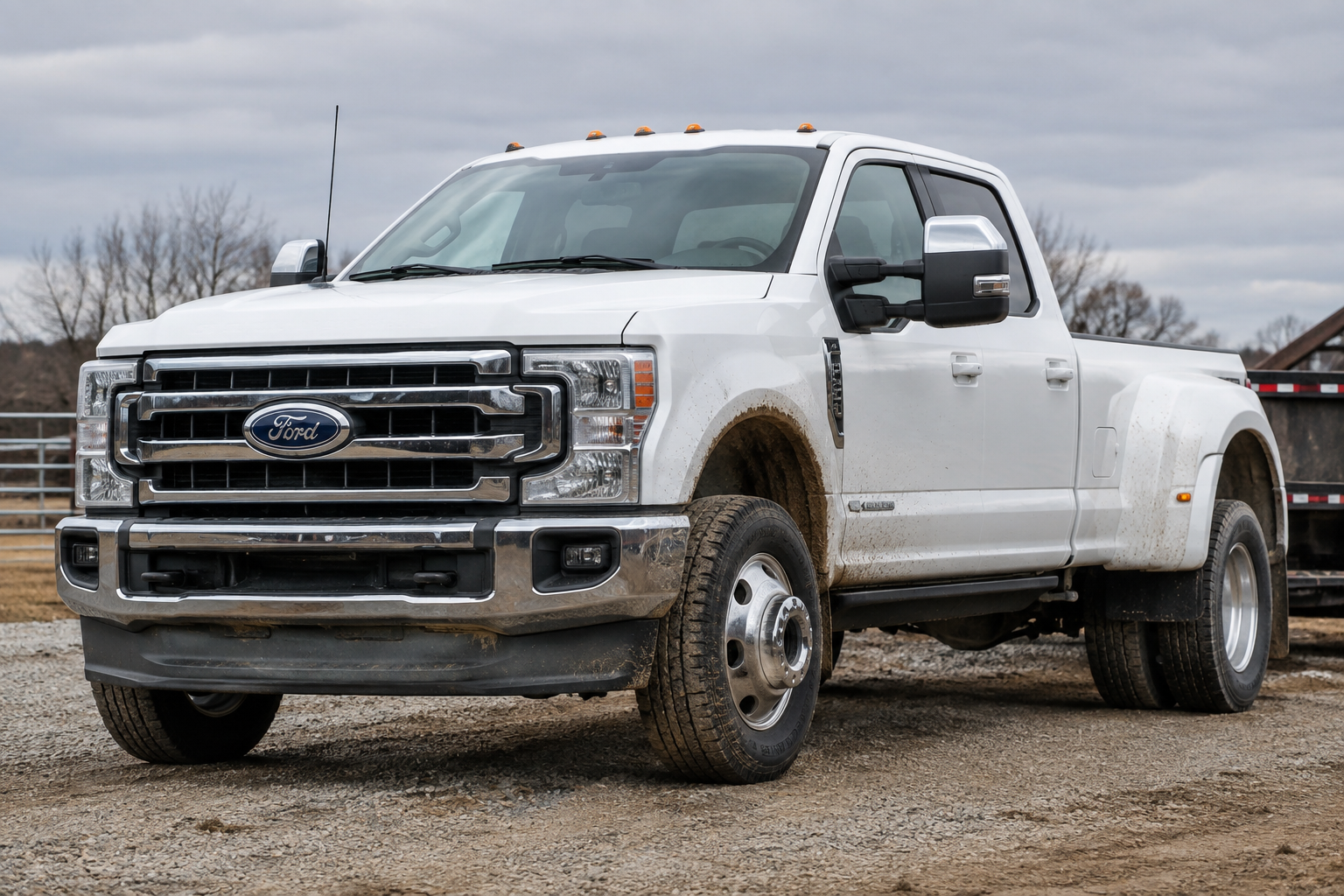 White heavy-duty Ford F-250 pickup truck with dual rear wheels
