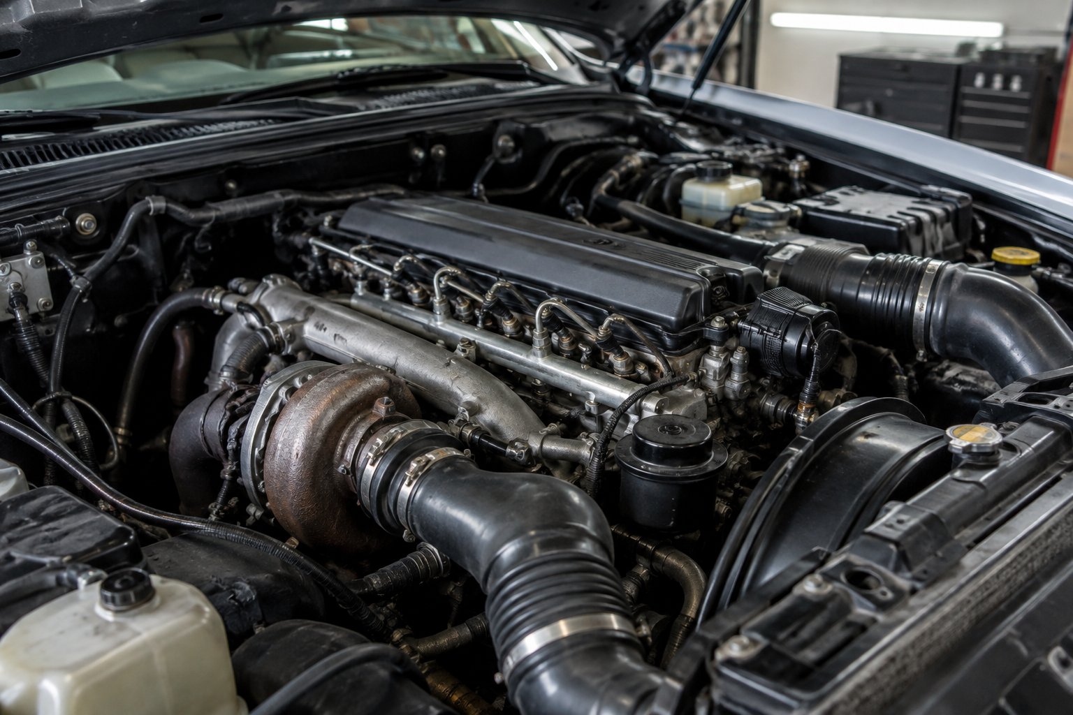 Close-up of a diesel truck engine under the hood