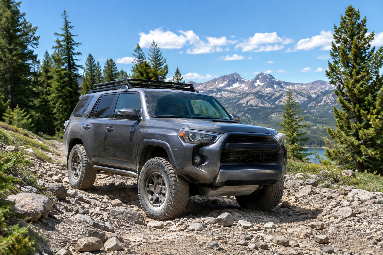 Toyota 4Runner SUV parked on a dirt trail in a mountainous landscape