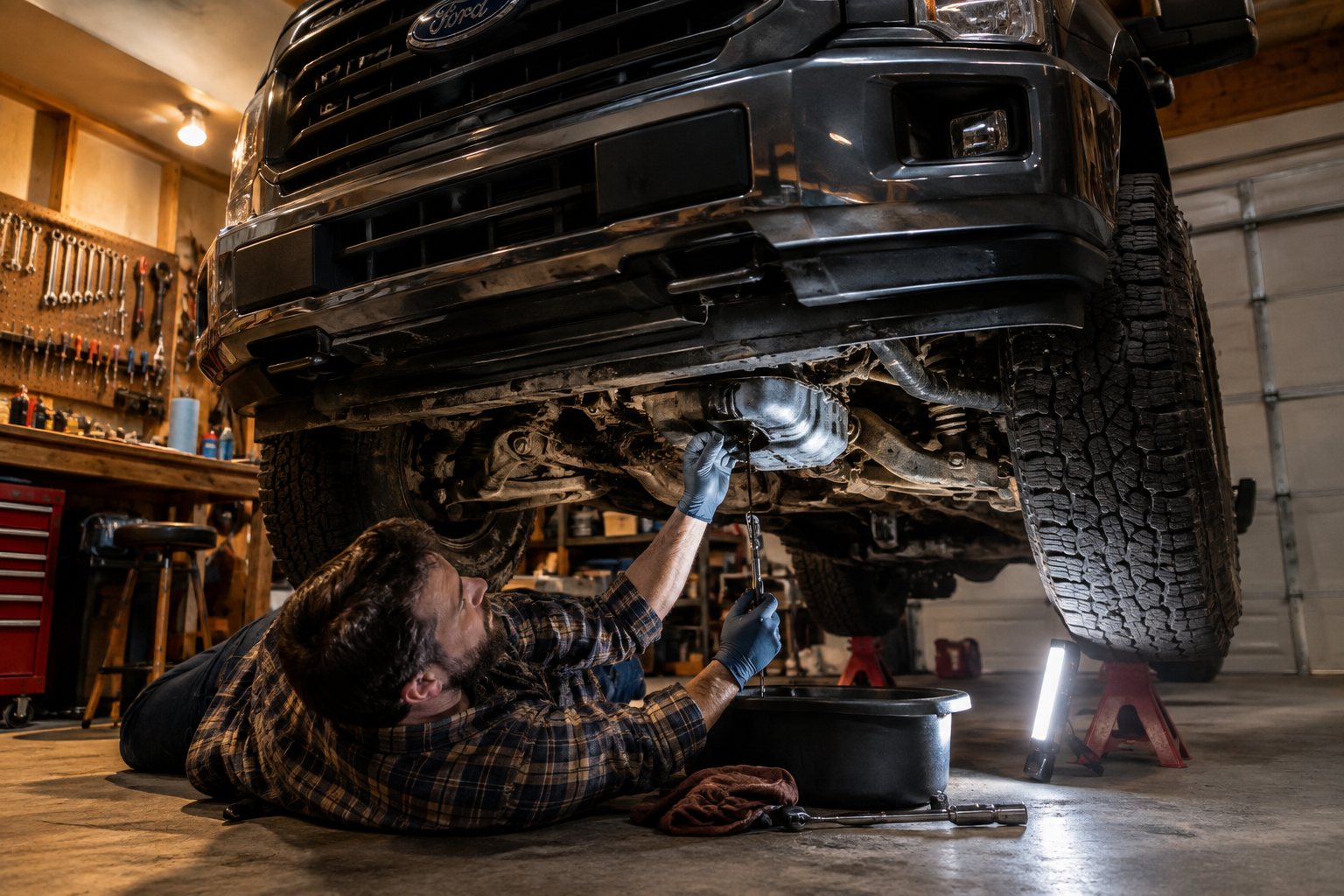 Underside view of a Ford F-150 truck during an oil change in a home garage