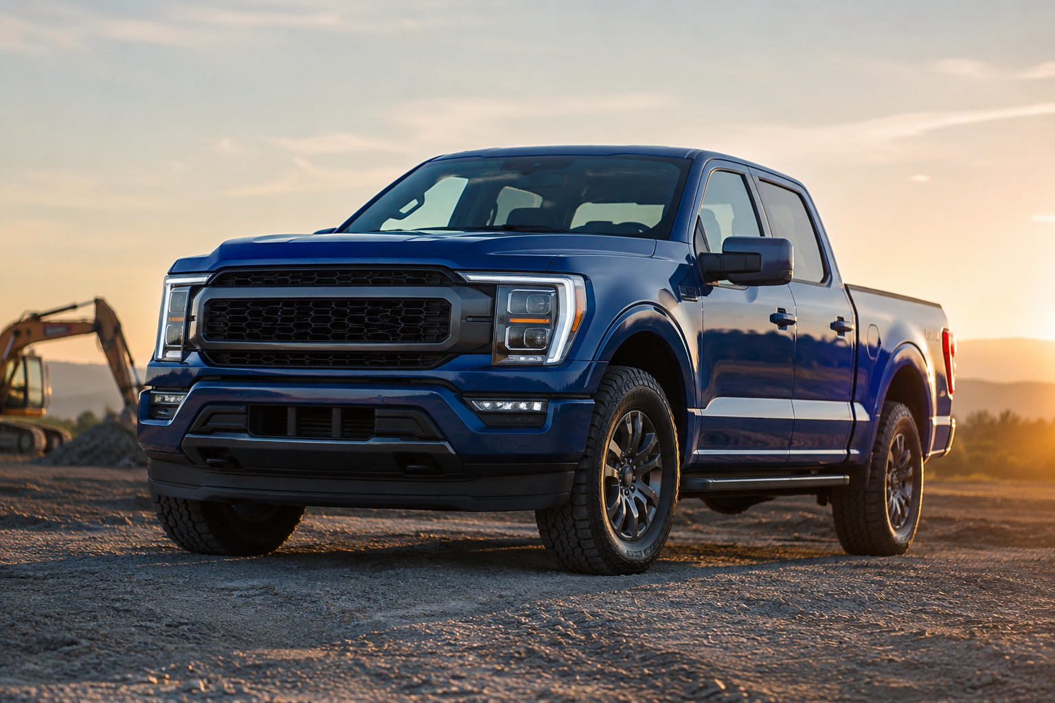 Blue Ford F-150 pickup truck parked at a construction site in morning light