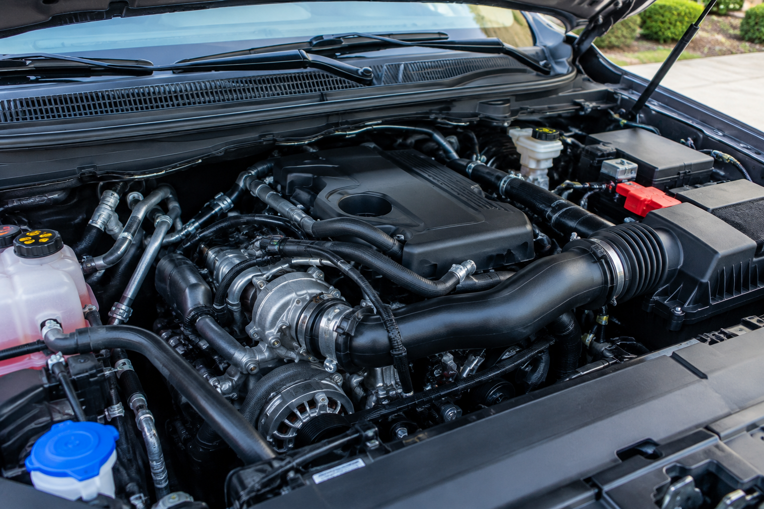 Ford Ranger EcoBoost engine bay open for maintenance inspection