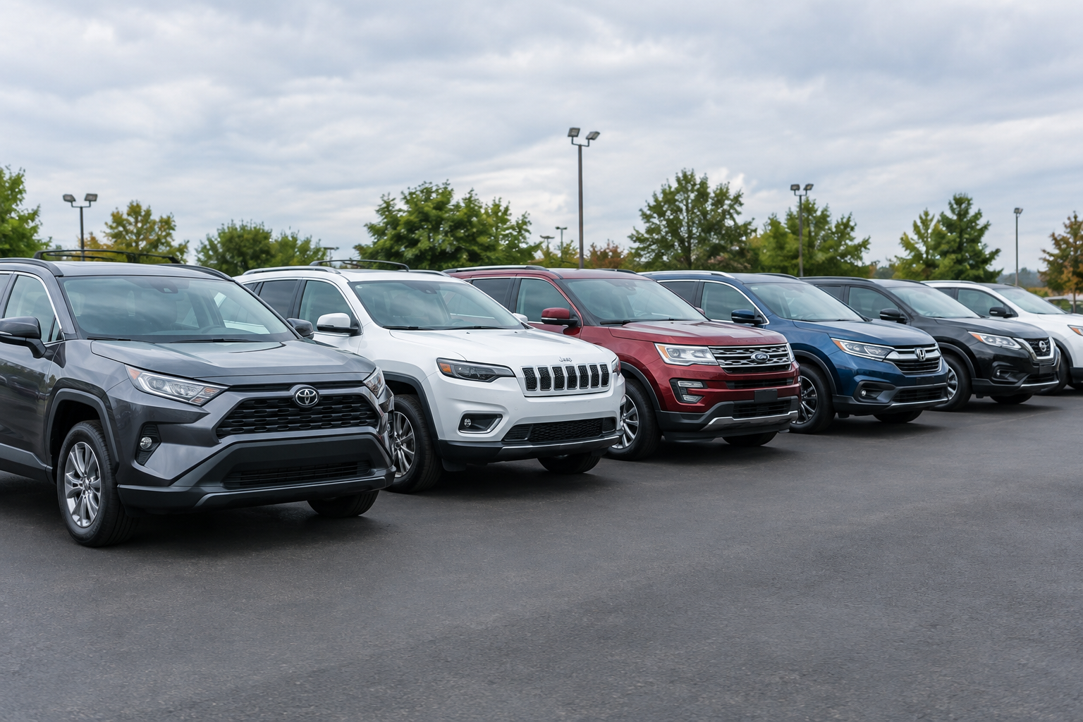 Row of affordable used SUVs parked in a dealership lot