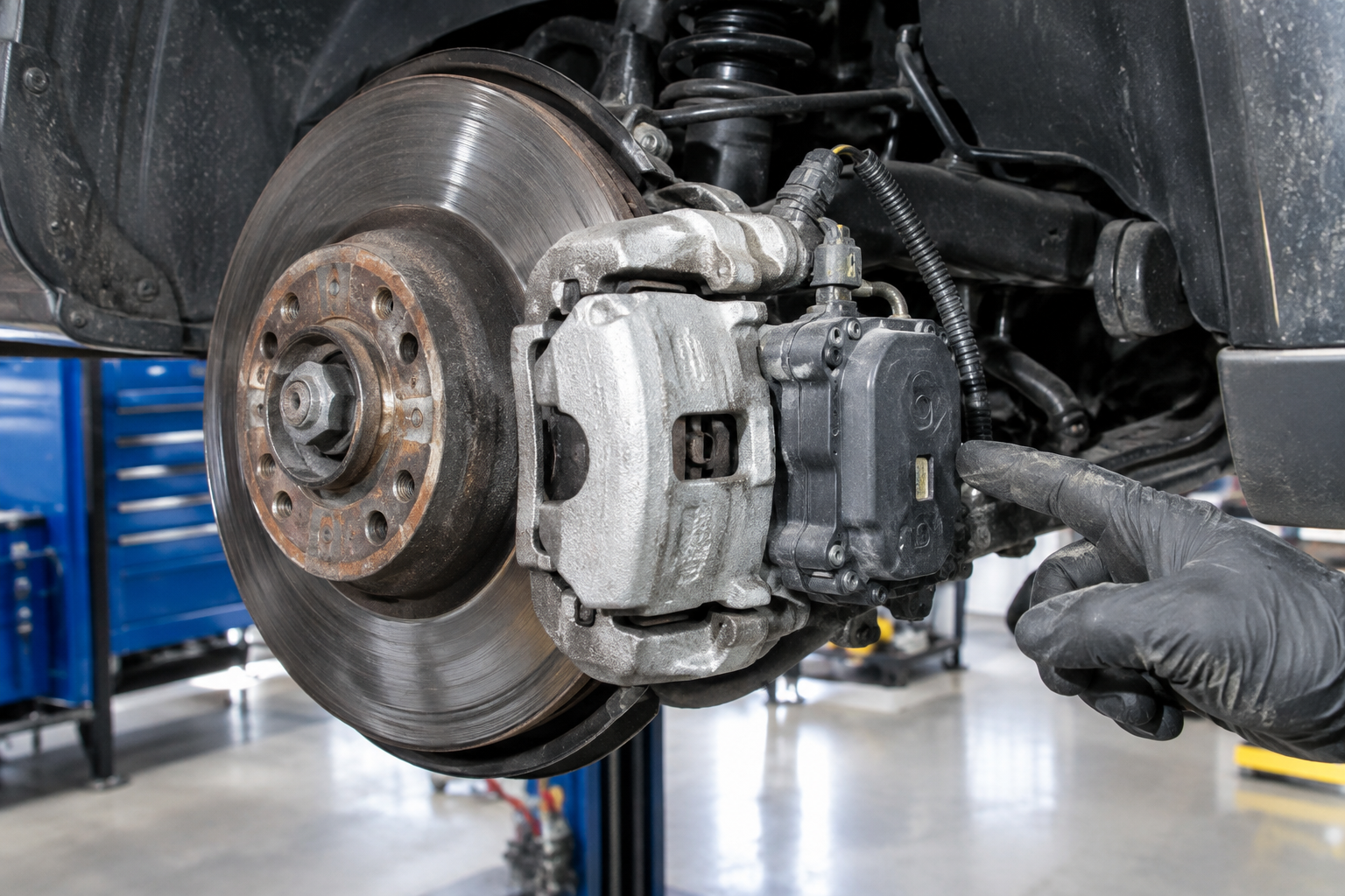 Rear brake caliper and electronic parking brake actuator on a car during inspection