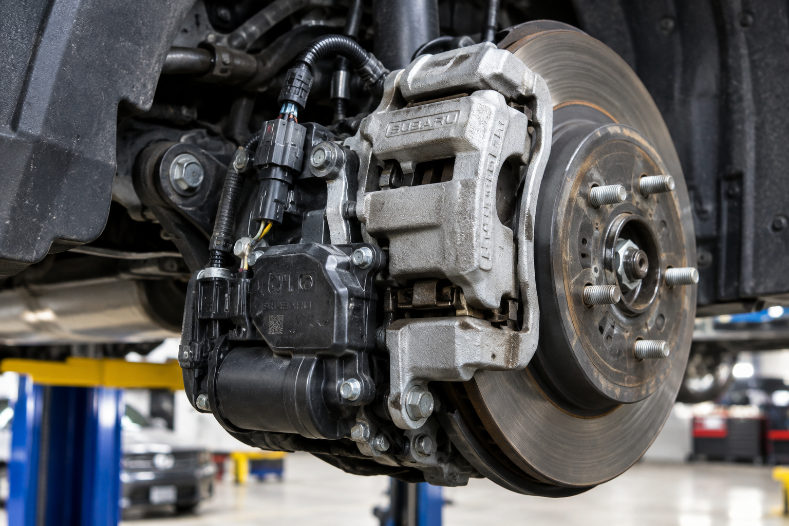 Close-up of a Subaru Forester rear brake caliper and electronic parking brake actuator