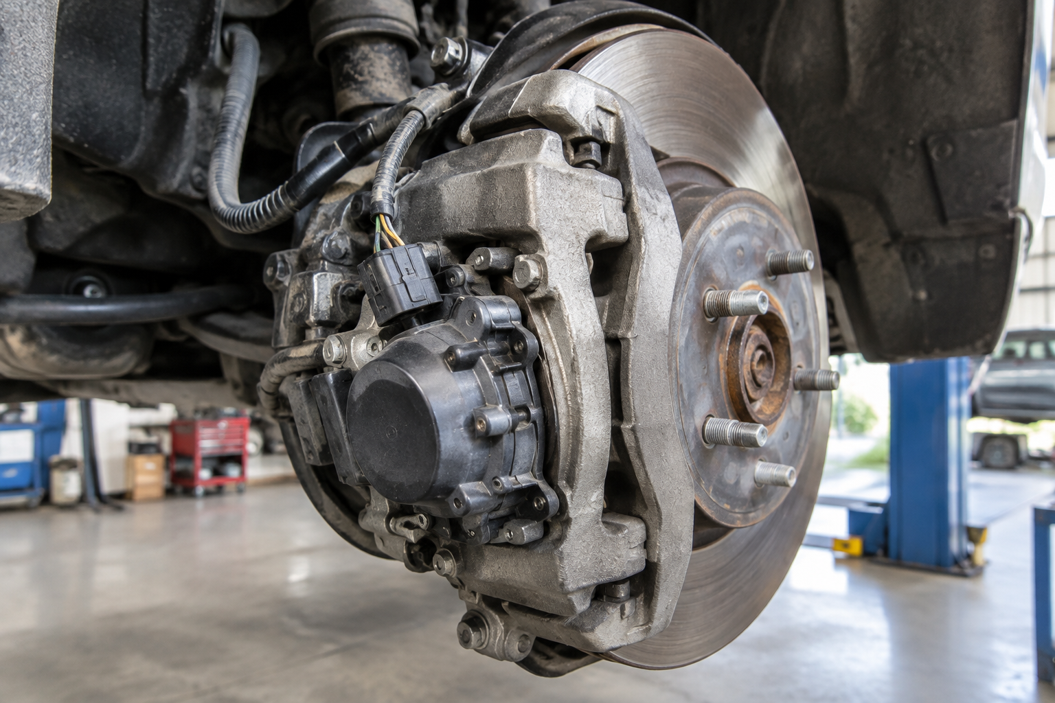 Close-up of a brake caliper and electronic parking brake actuator on a car wheel