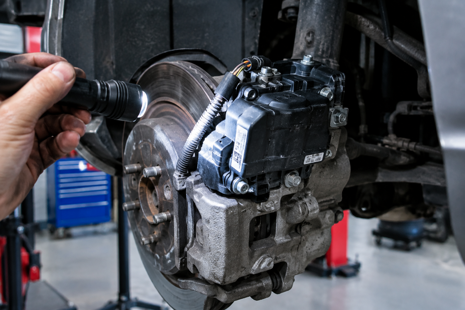 Electronic parking brake actuator and caliper assembly on a car wheel being inspected