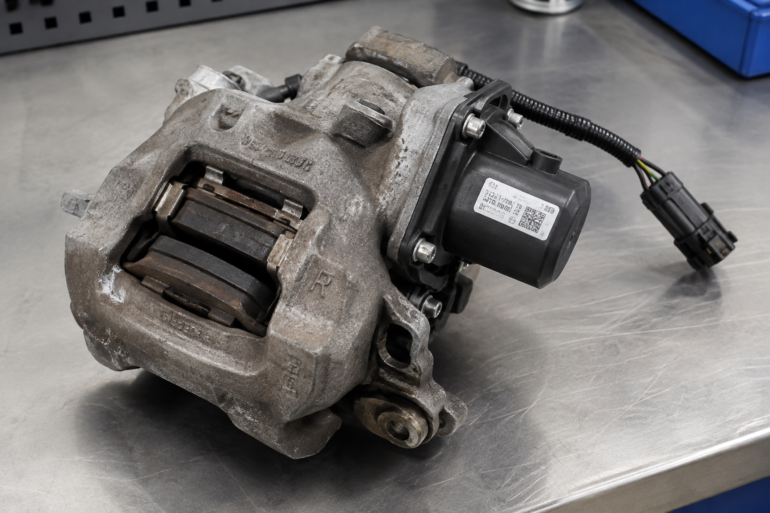 Close-up of an electronic parking brake actuator and caliper assembly on a workbench