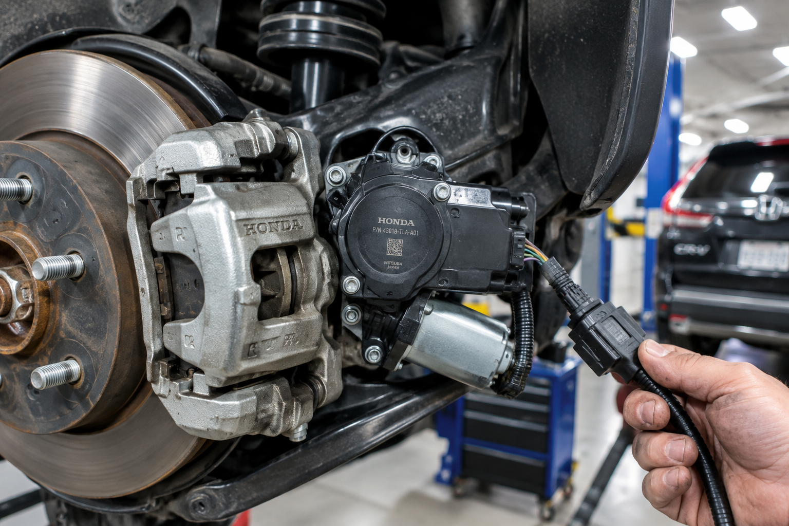 Close-up of Honda CR-V rear brake caliper and electronic parking brake actuator