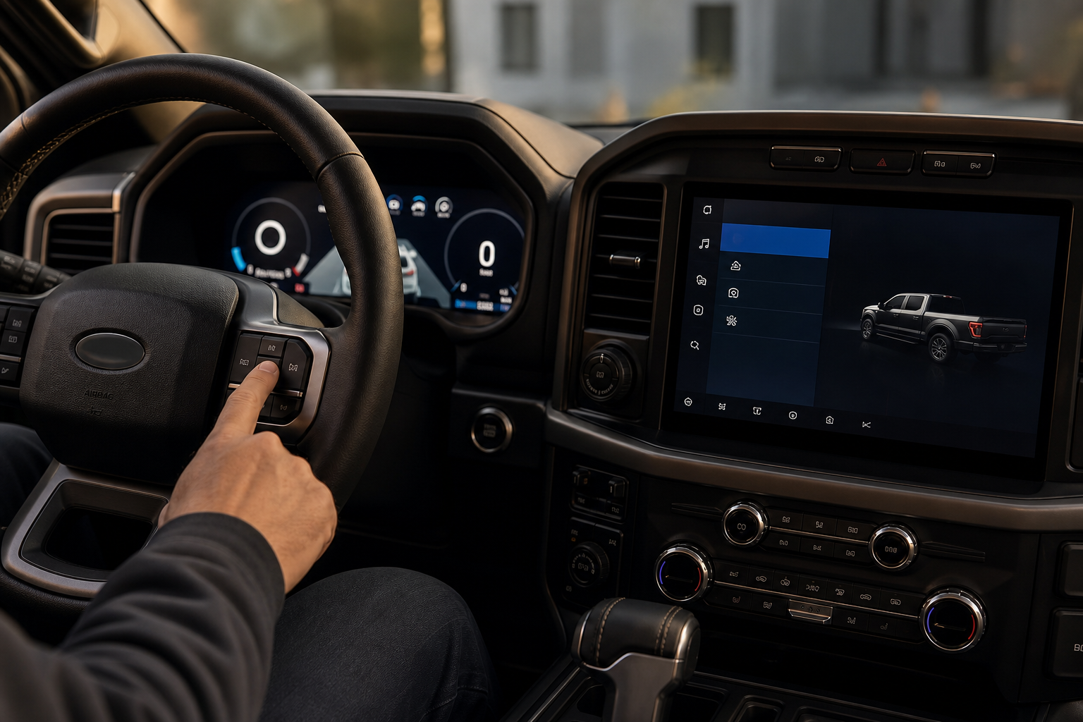 Driver adjusting settings through Ford F-150 factory menu on dashboard screen