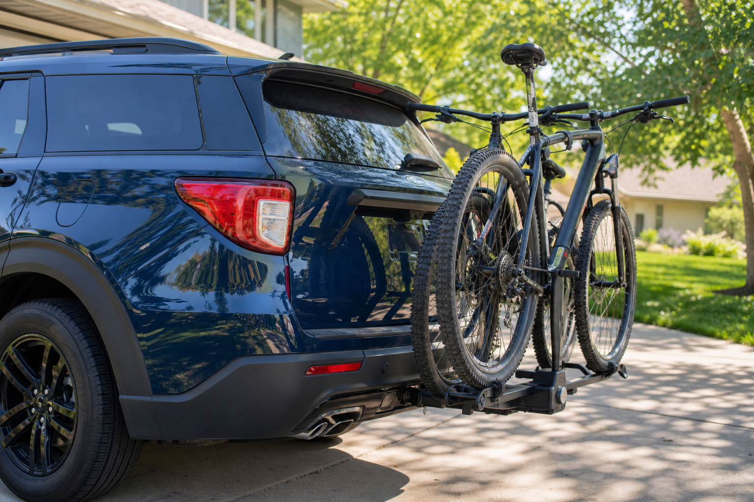 Ford Explorer with aftermarket tow hitch and bike rack mounted near rear parking sensors