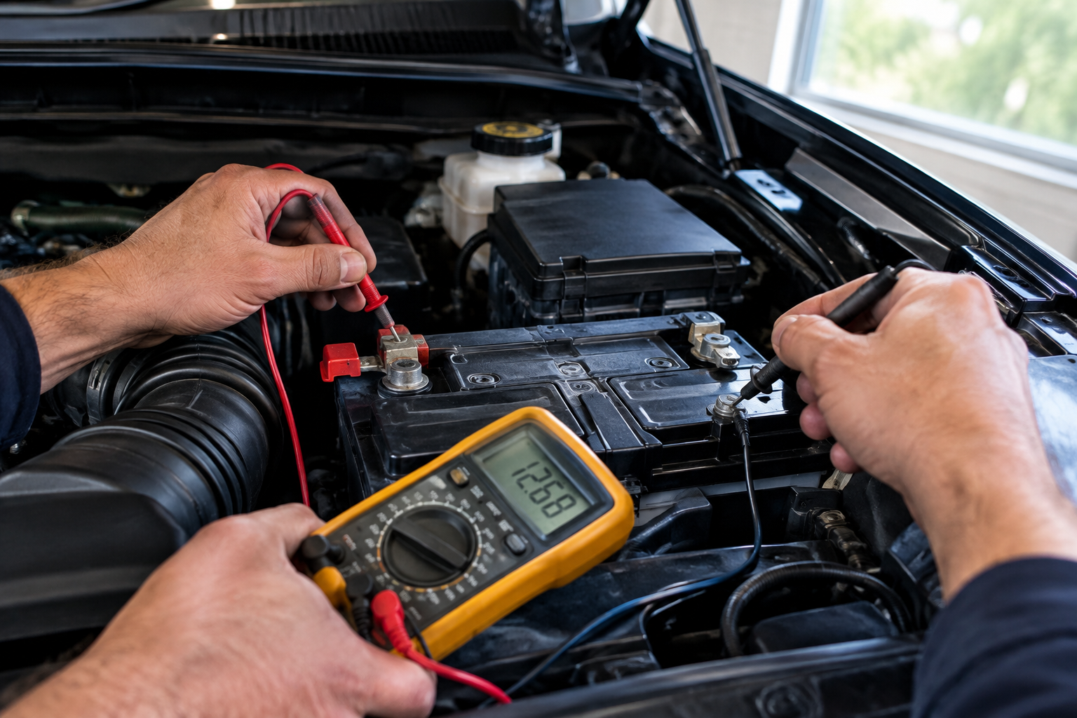 Mechanic testing truck battery voltage with a multimeter under the hood