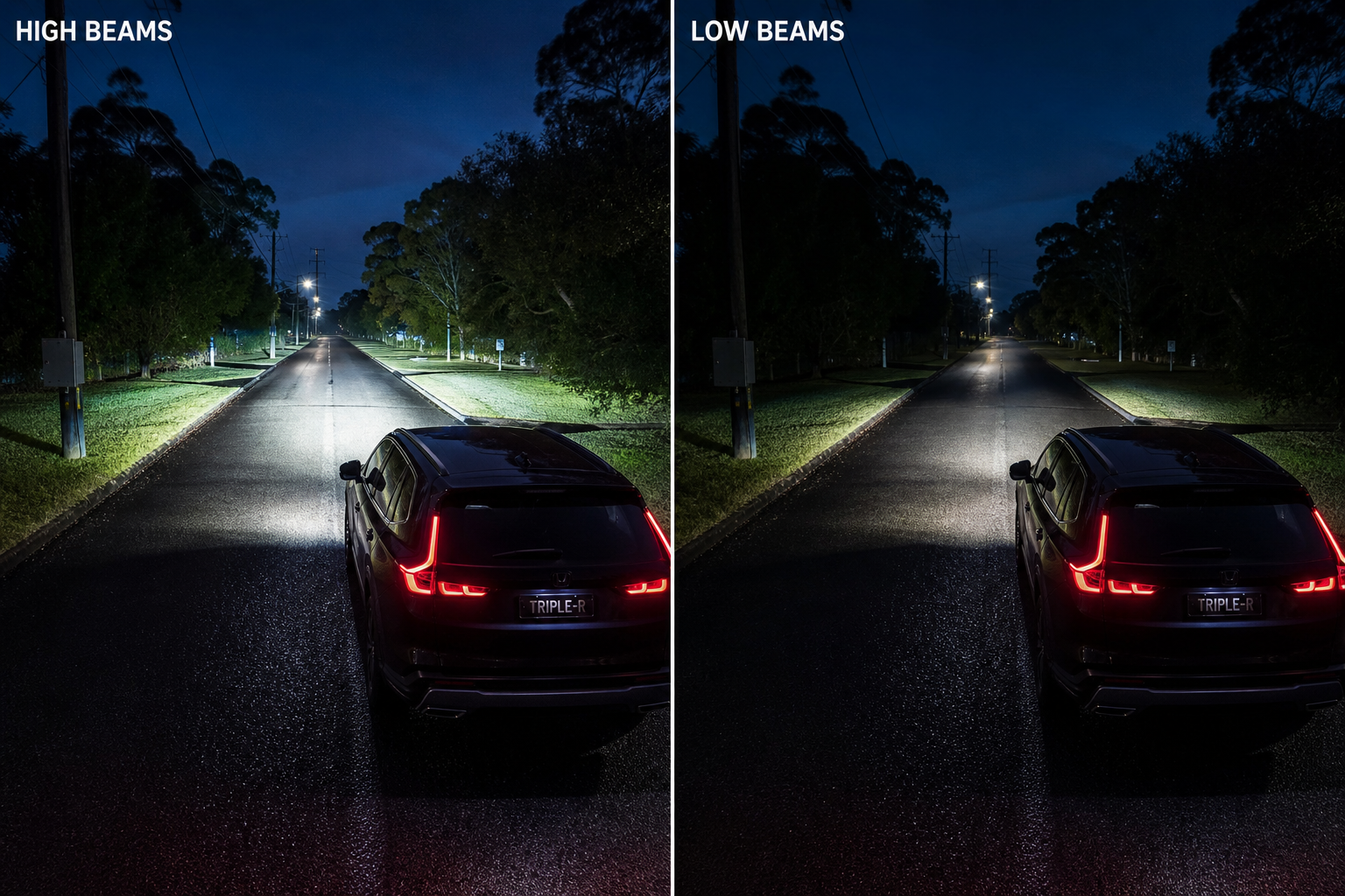 Comparison of automatic high beams versus automatic headlights on a car at night