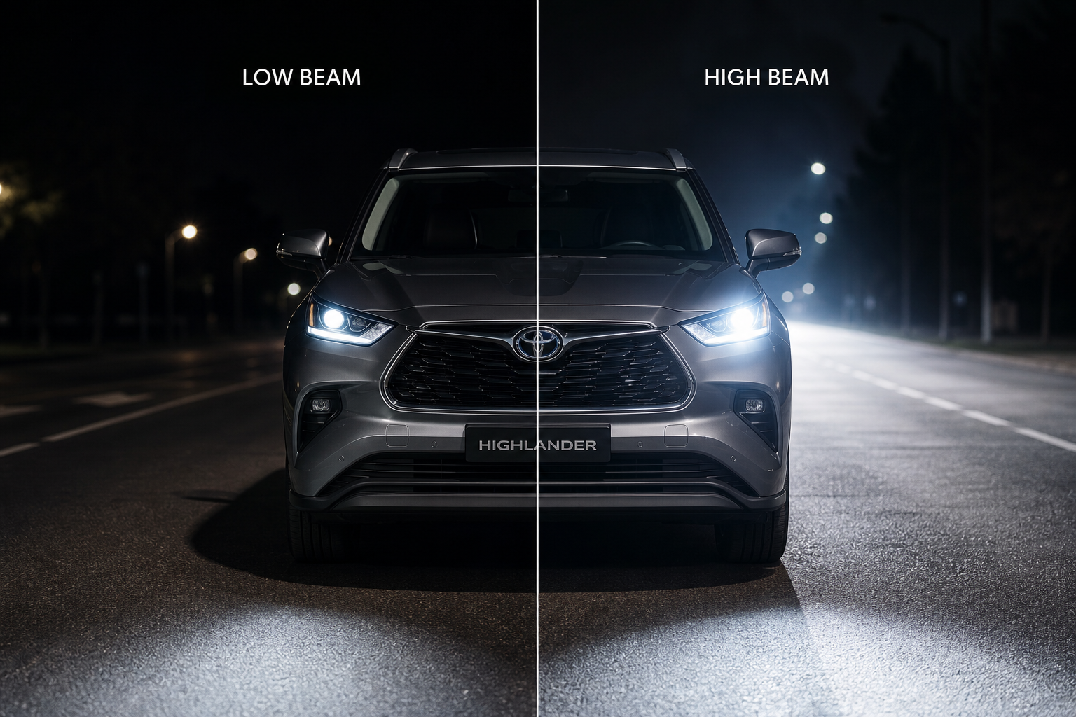 Toyota Highlander headlights comparing automatic low beams and high beams at night
