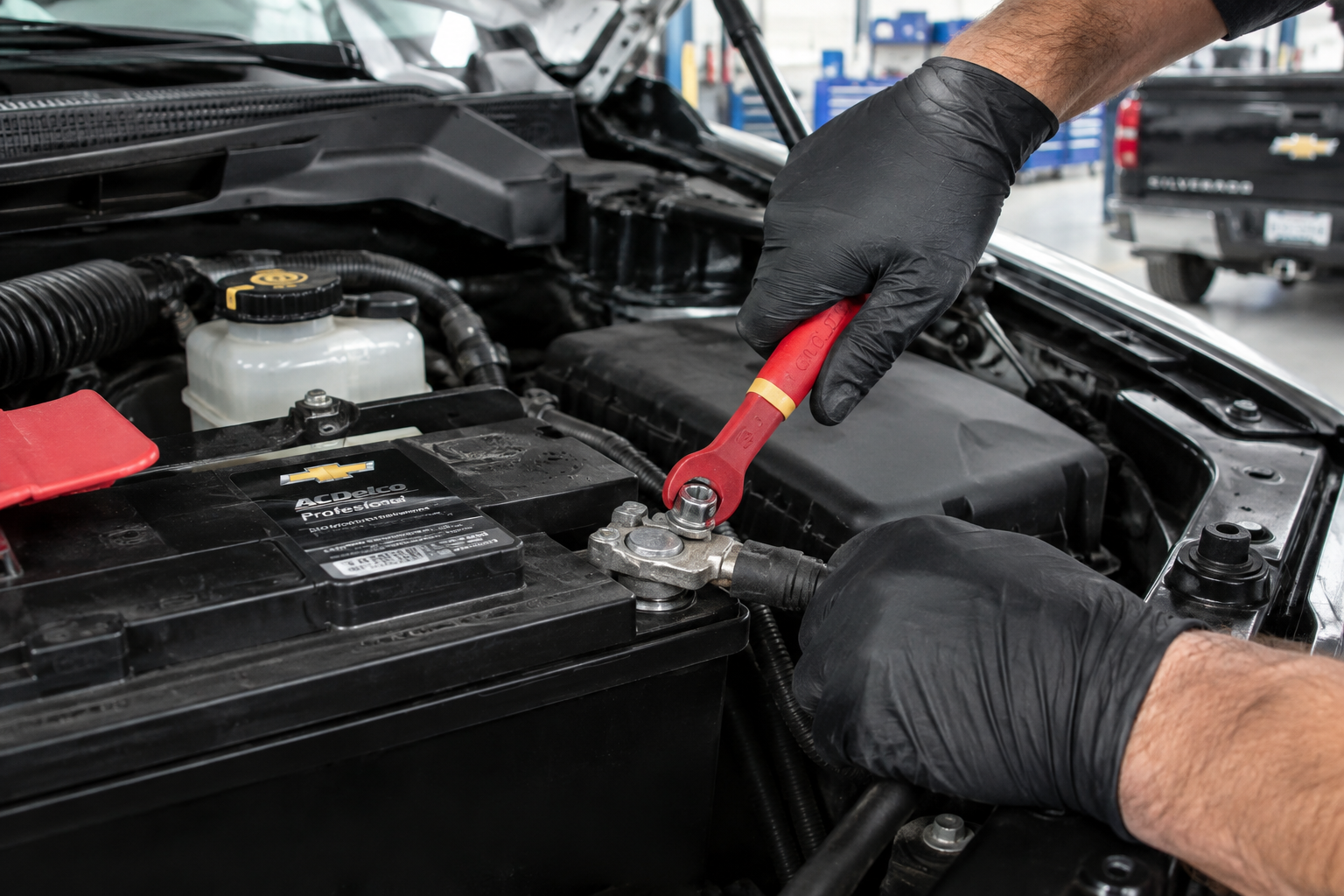 Mechanic disconnecting a truck battery terminal for module reset