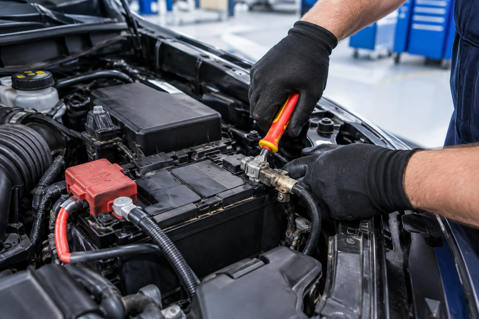 Mechanic disconnecting car battery terminal for module reset procedure