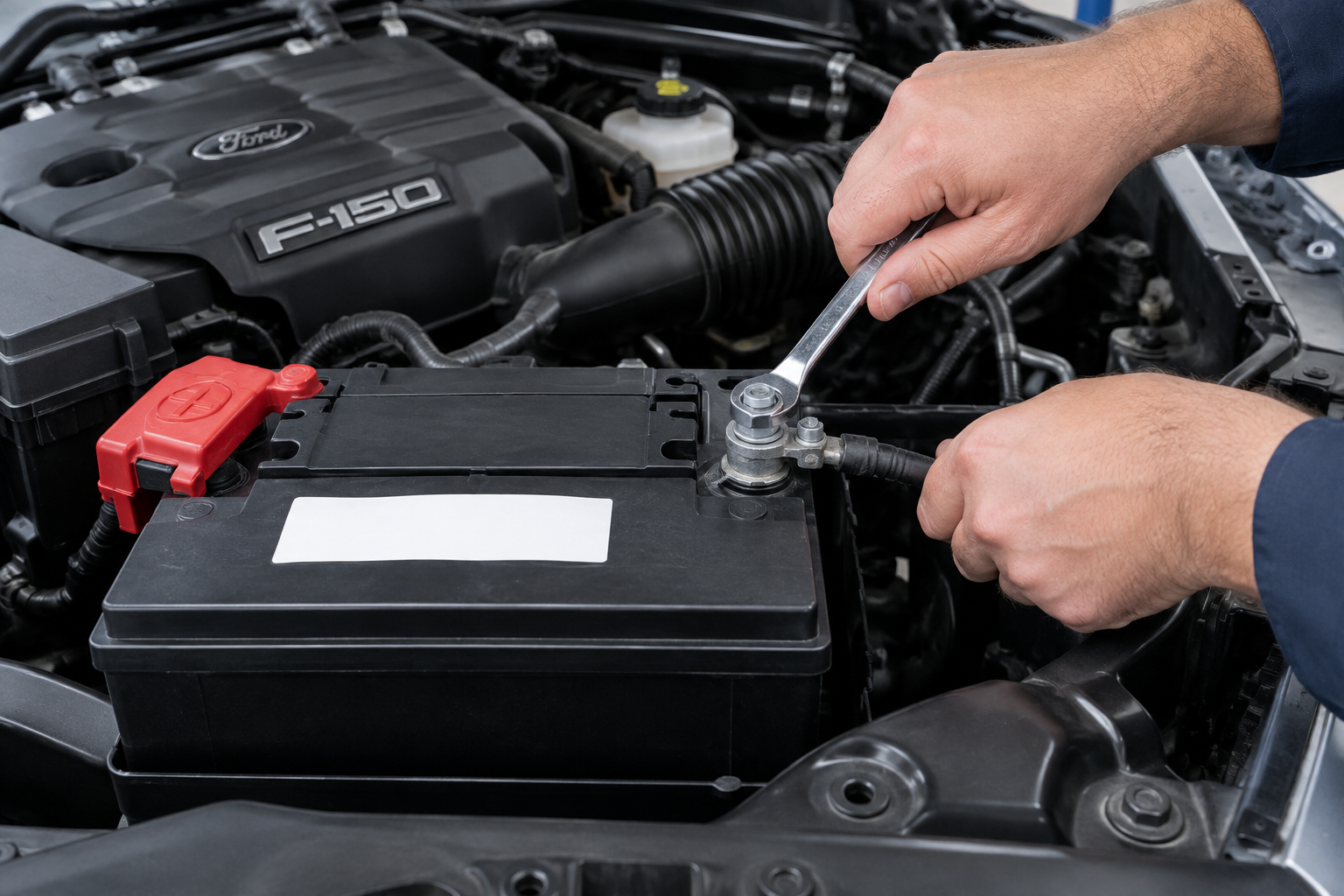 Technician disconnecting truck battery terminal for module reinitialization