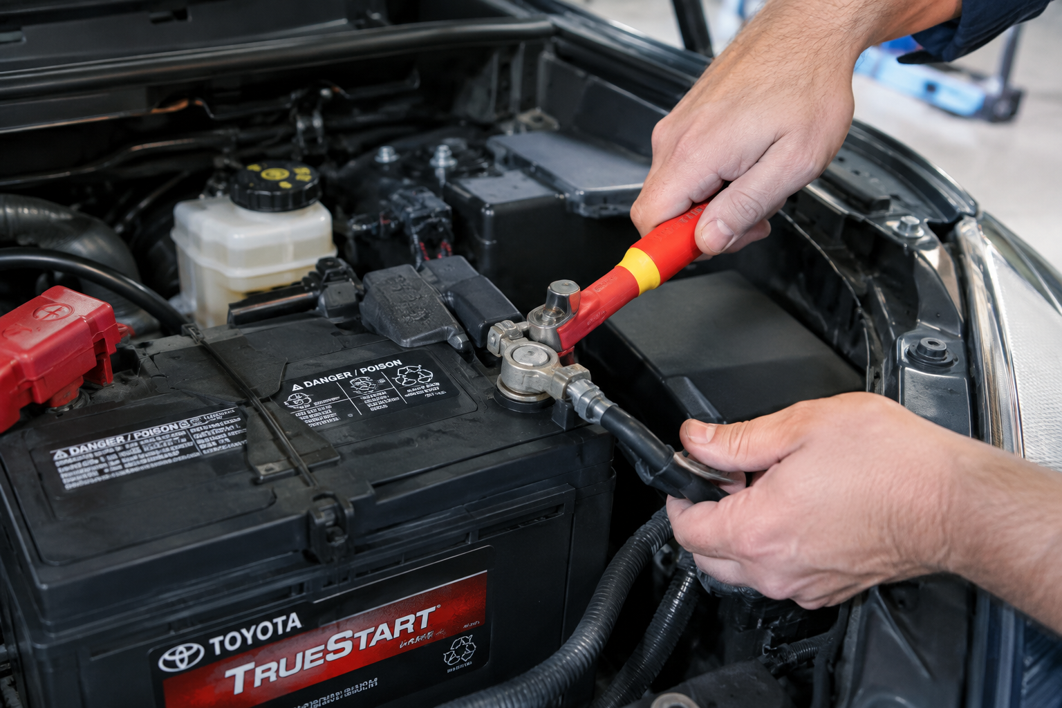 Mechanic disconnecting a car battery terminal in a Toyota RAV4 engine bay