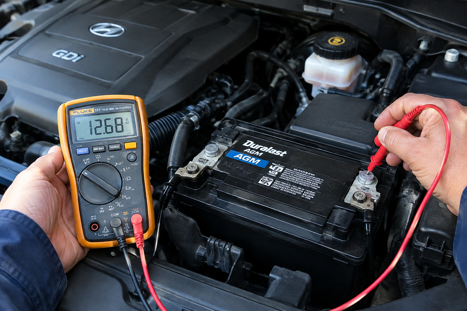 Mechanic testing car battery voltage under the hood of a Hyundai Santa Fe