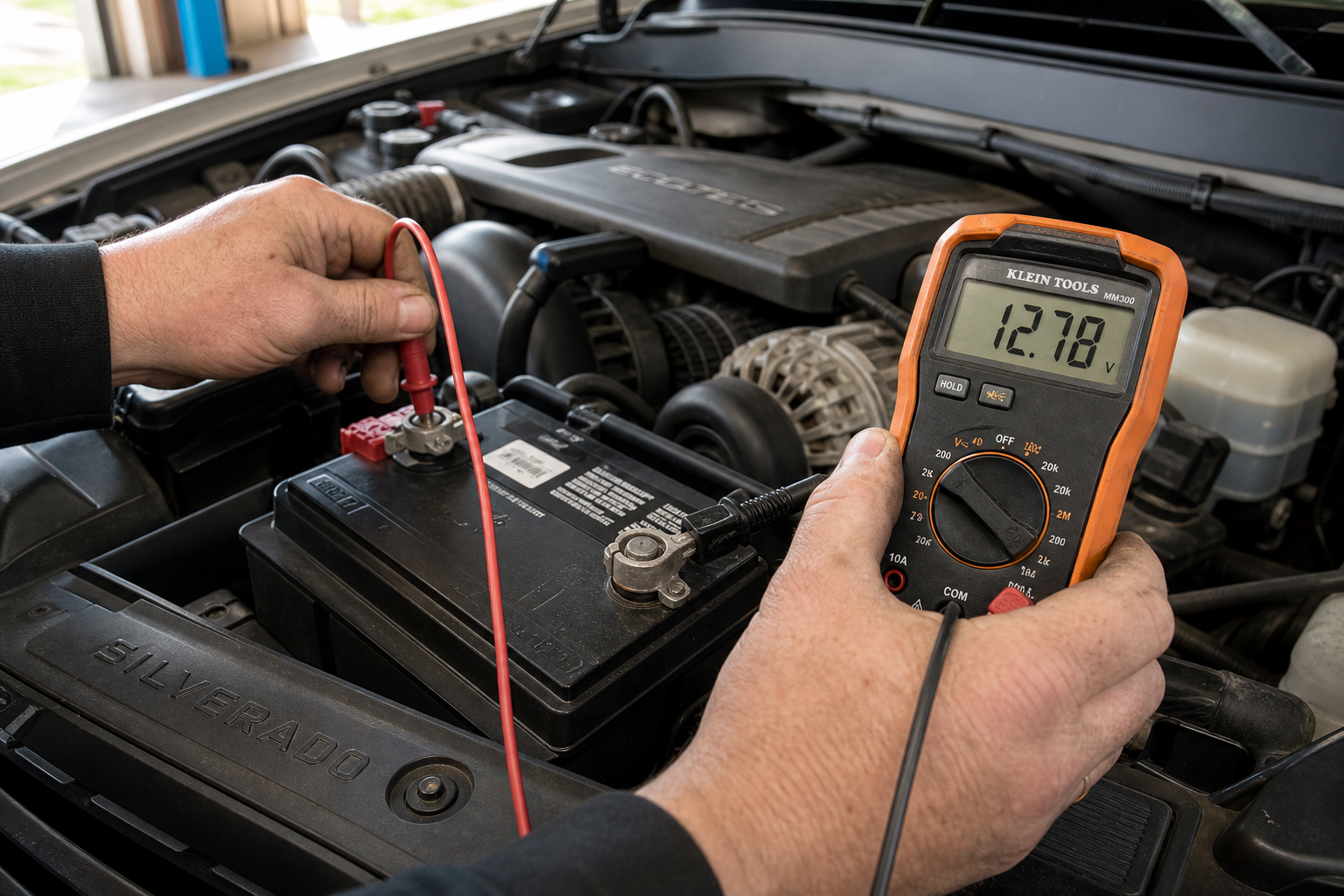 Mechanic testing car battery voltage with a multimeter under the hood of a truck
