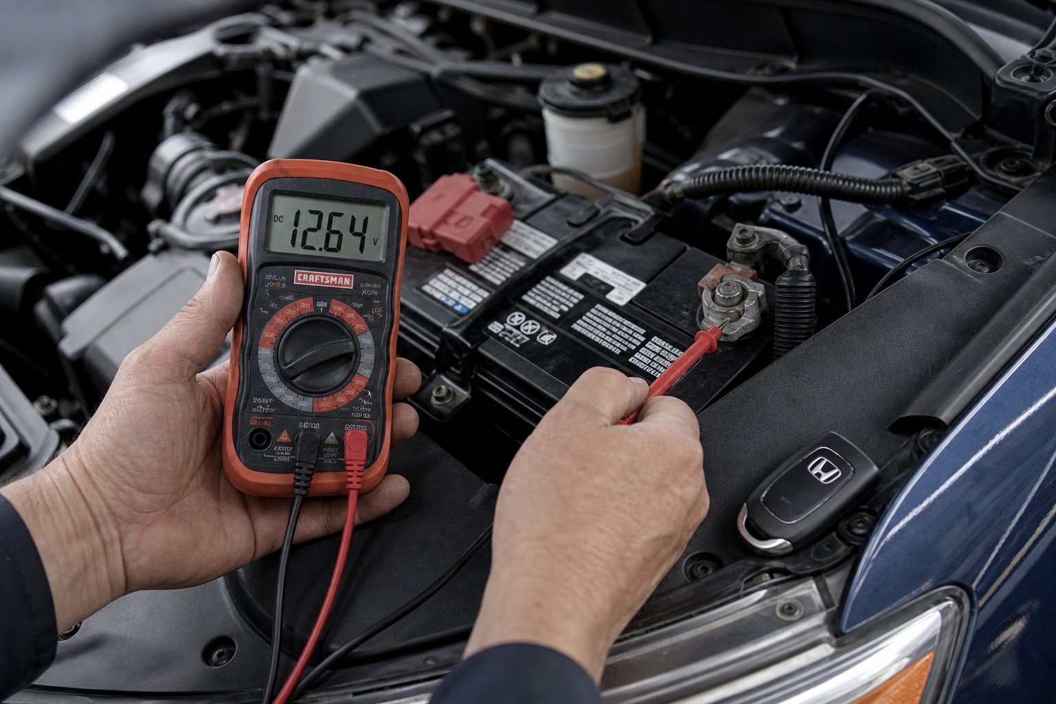 Mechanic testing car battery voltage with a multimeter next to a key fob in a Honda CR-V engine bay
