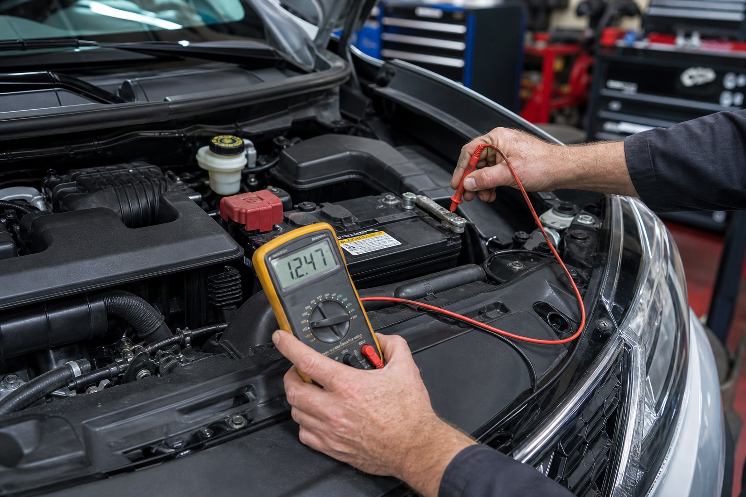 Mechanic testing car battery voltage with a multimeter under the hood