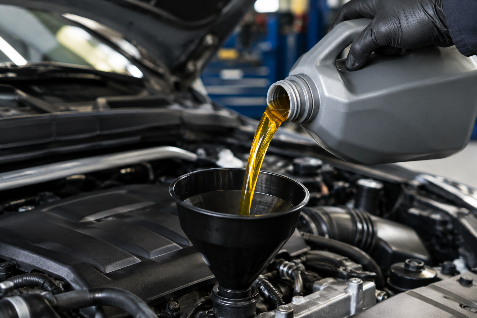 Pouring synthetic motor oil into a car engine