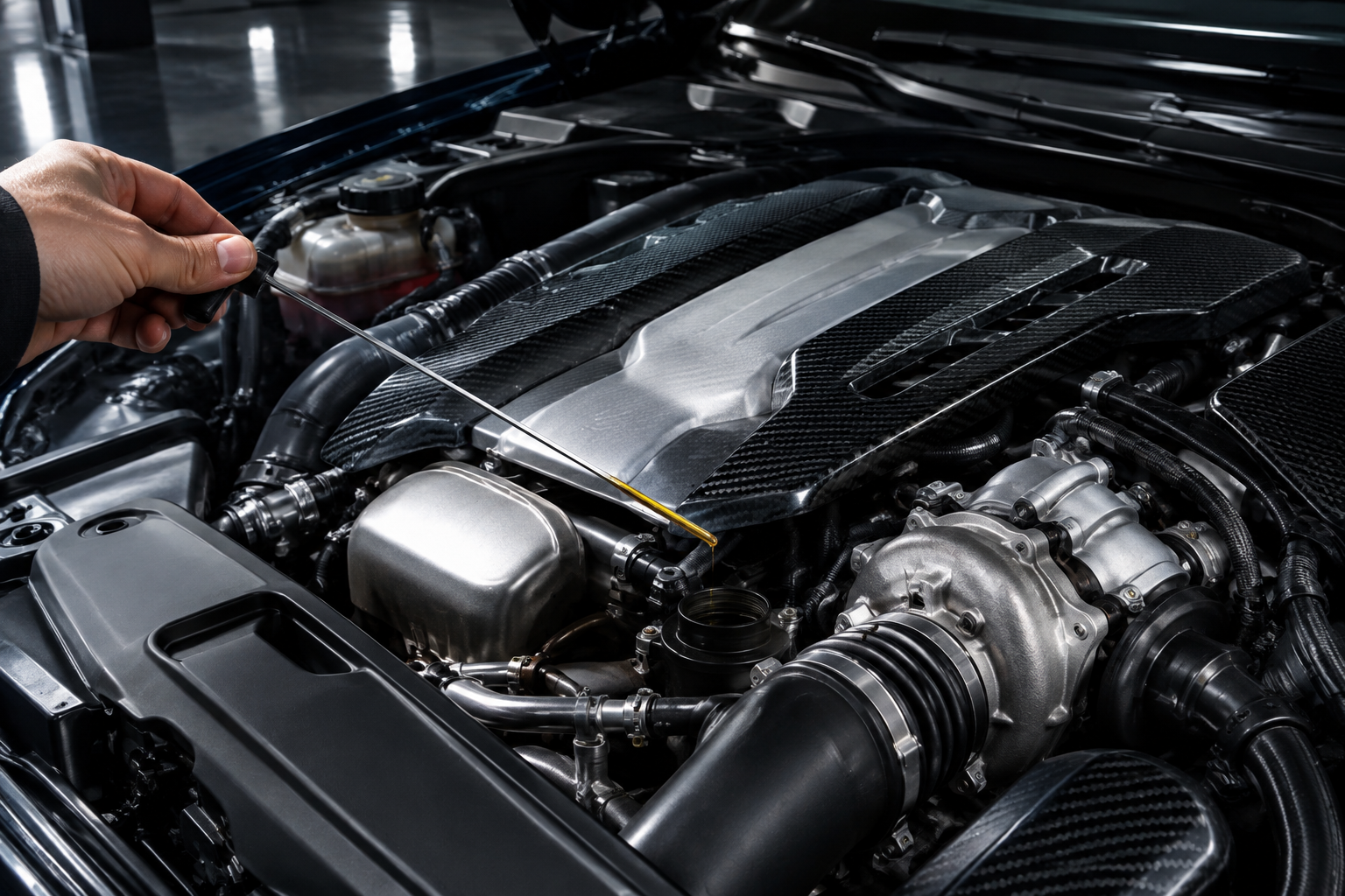 Close-up of a luxury German car engine with a dipstick showing fresh synthetic oil