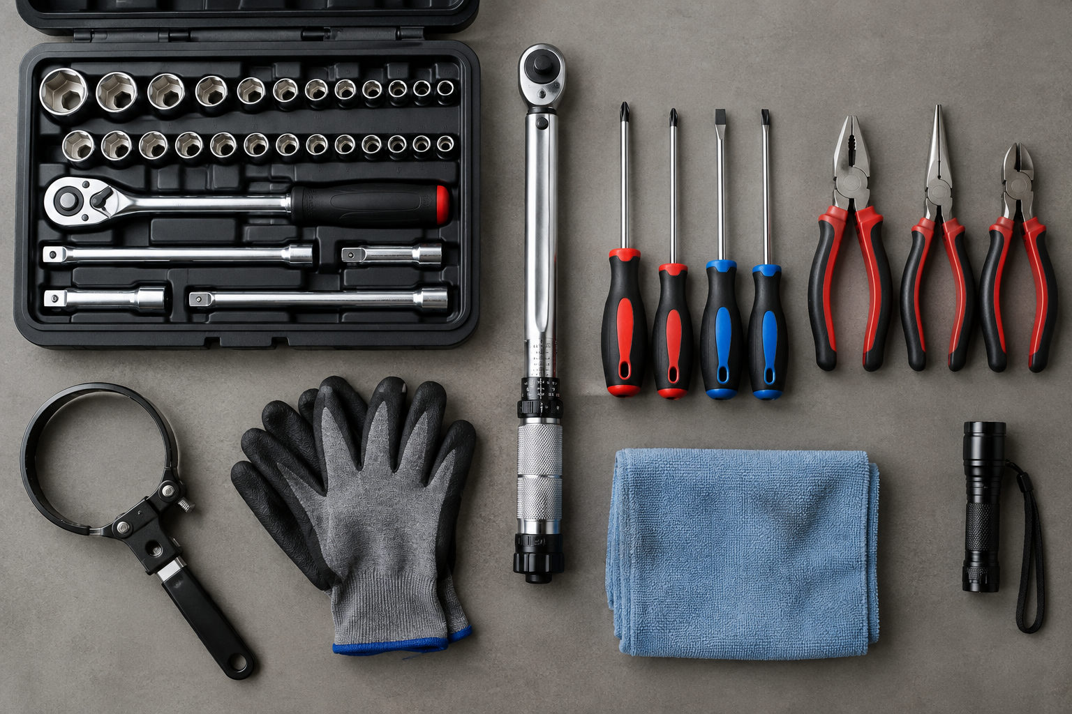 Flat lay of essential beginner tools for DIY car maintenance