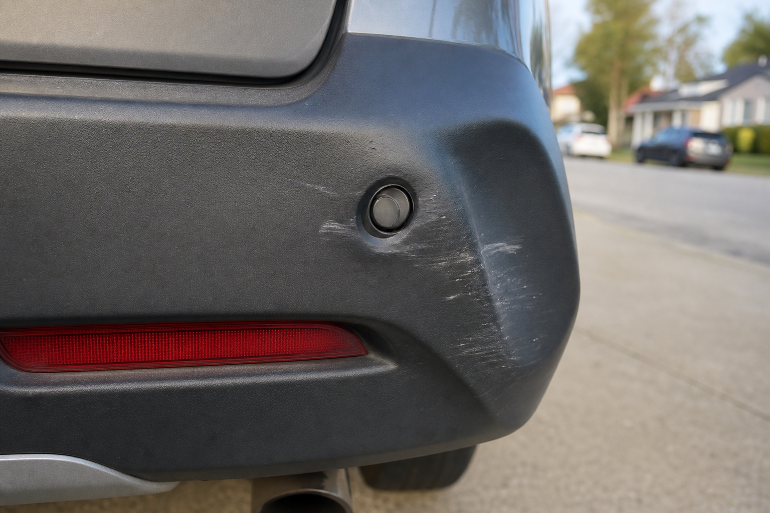 Damaged Toyota RAV4 bumper with a misaligned parking sensor