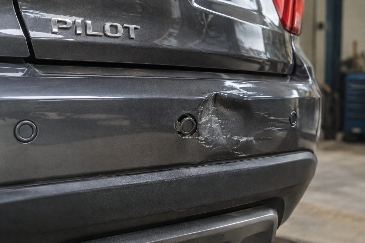 Damaged Honda Pilot bumper with a misaligned parking sensor