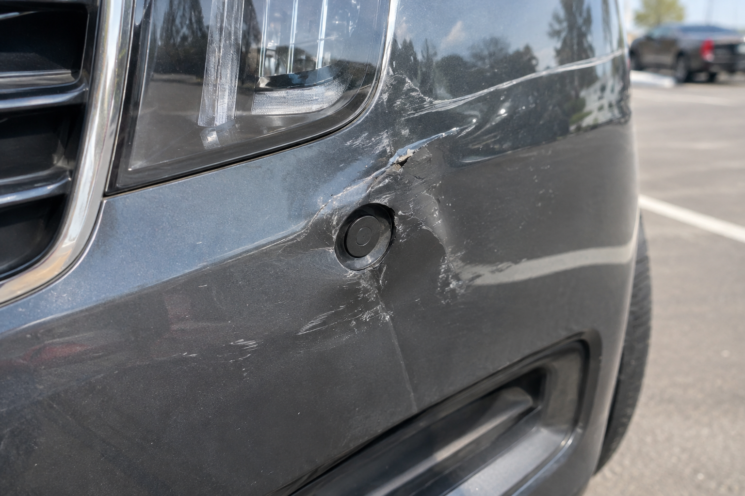 Damaged Hyundai Palisade bumper with a misaligned parking sensor
