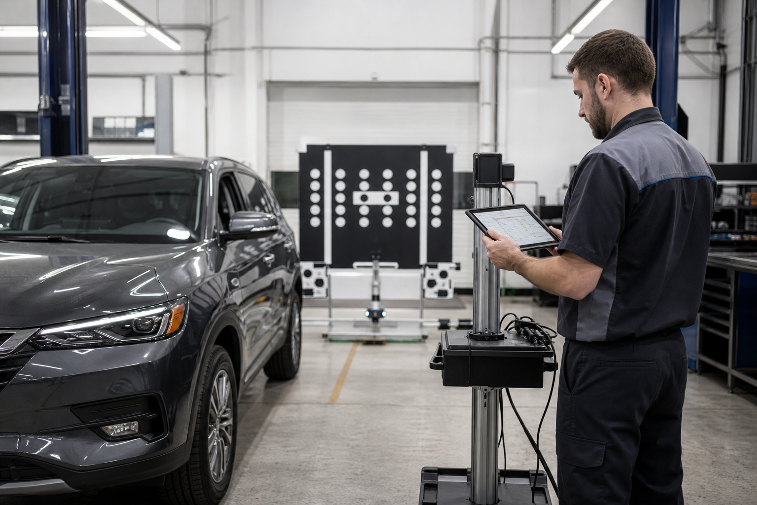 Technician performing sensor calibration on an SUV in a repair shop bay