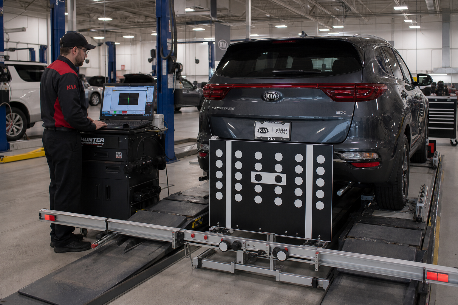 Technician performing blind spot sensor calibration on a Kia Sportage in a repair shop