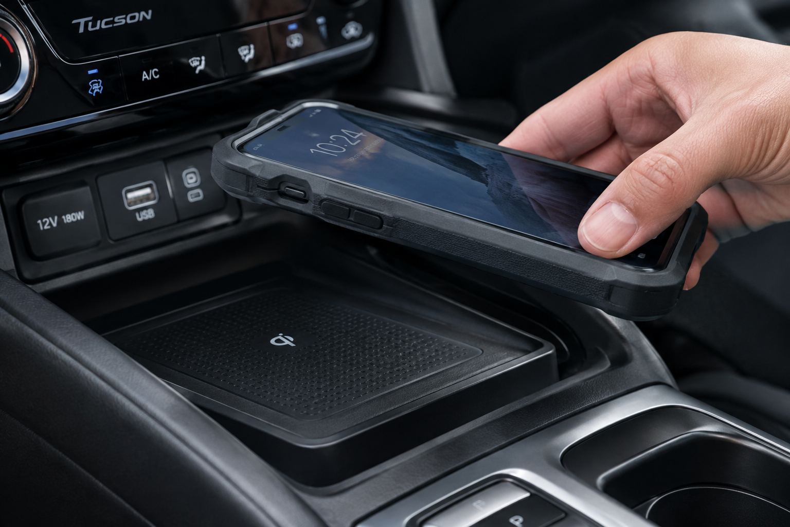 Thick phone case held above a car wireless charging pad showing gap distance
