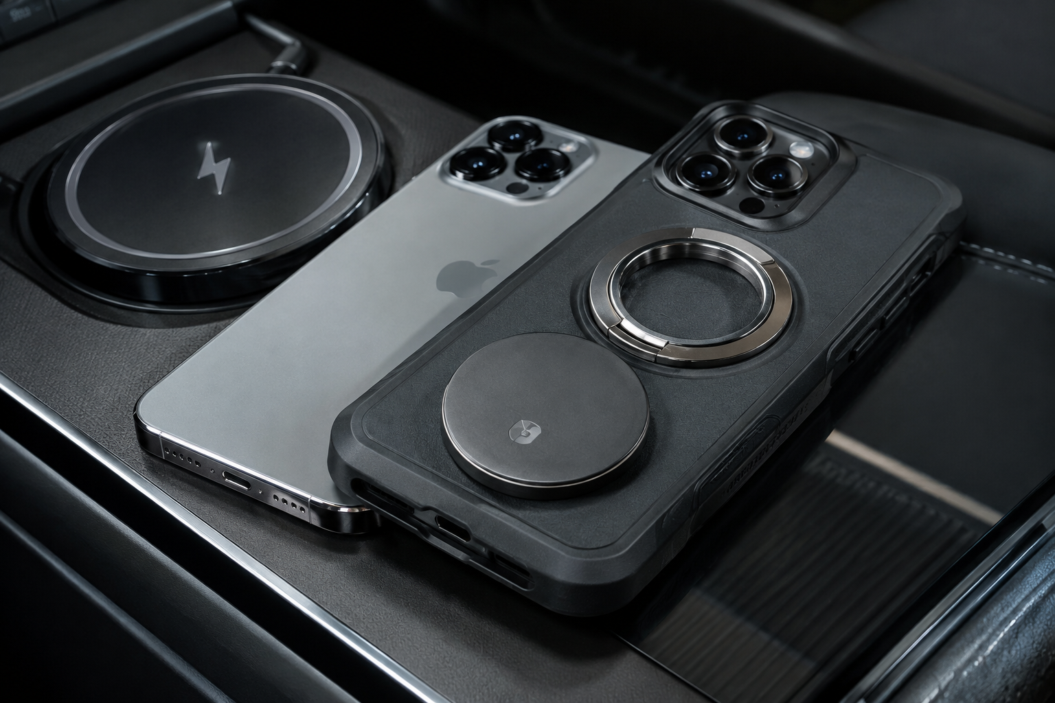 Phone case with metal ring and magnet shown next to a wireless charging pad