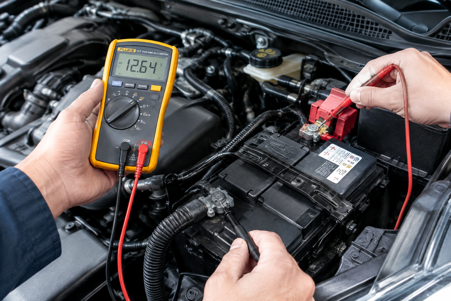 Mechanic testing car battery voltage with a digital multimeter under the hood
