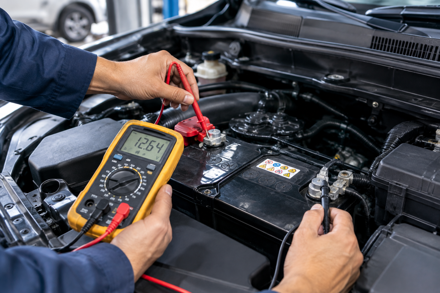 Mechanic checking car battery voltage with a digital multimeter