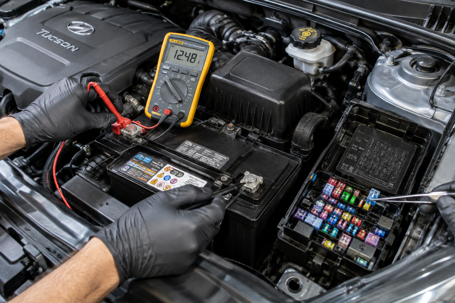 Mechanic testing car battery voltage and inspecting fuses in a Hyundai Tucson