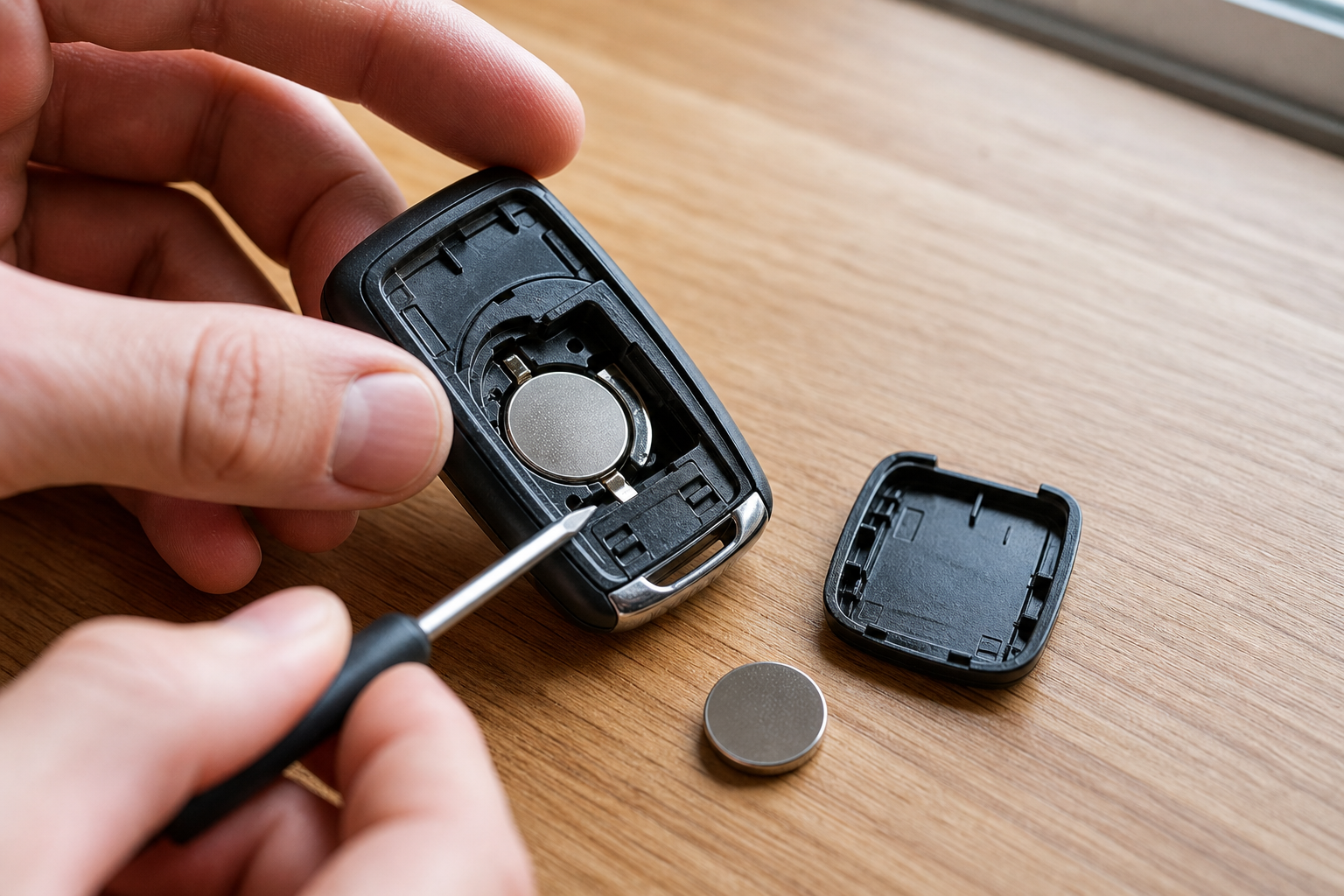 Hands replacing the coin cell battery inside a Chevy Tahoe key fob remote