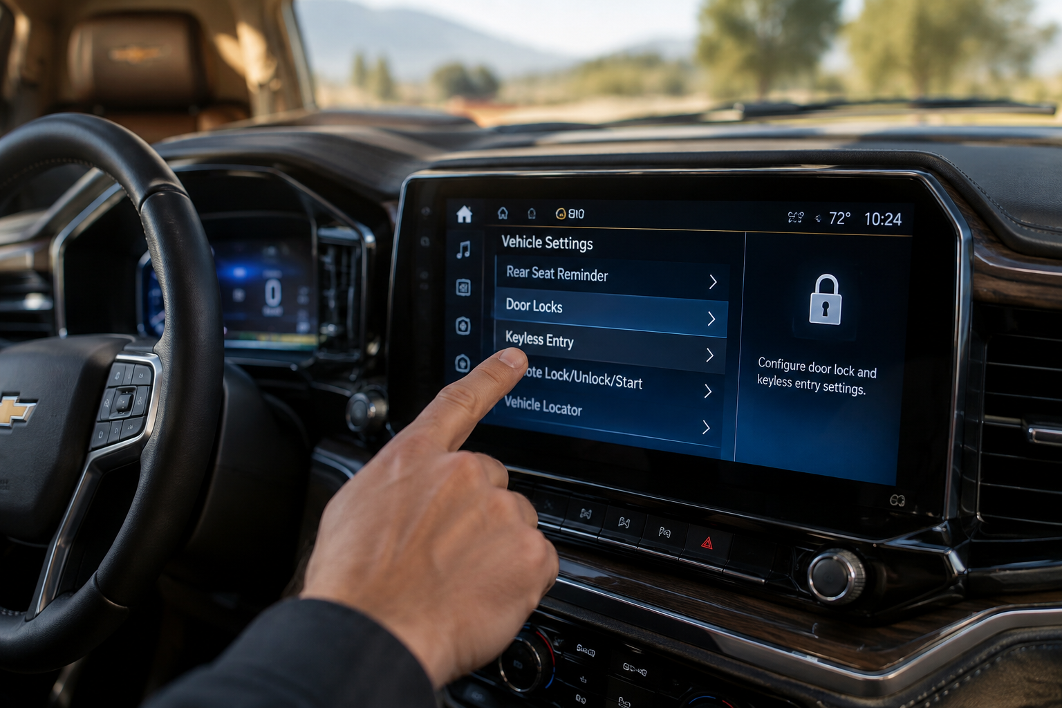 Driver adjusting passive entry settings on Chevy Silverado touchscreen menu