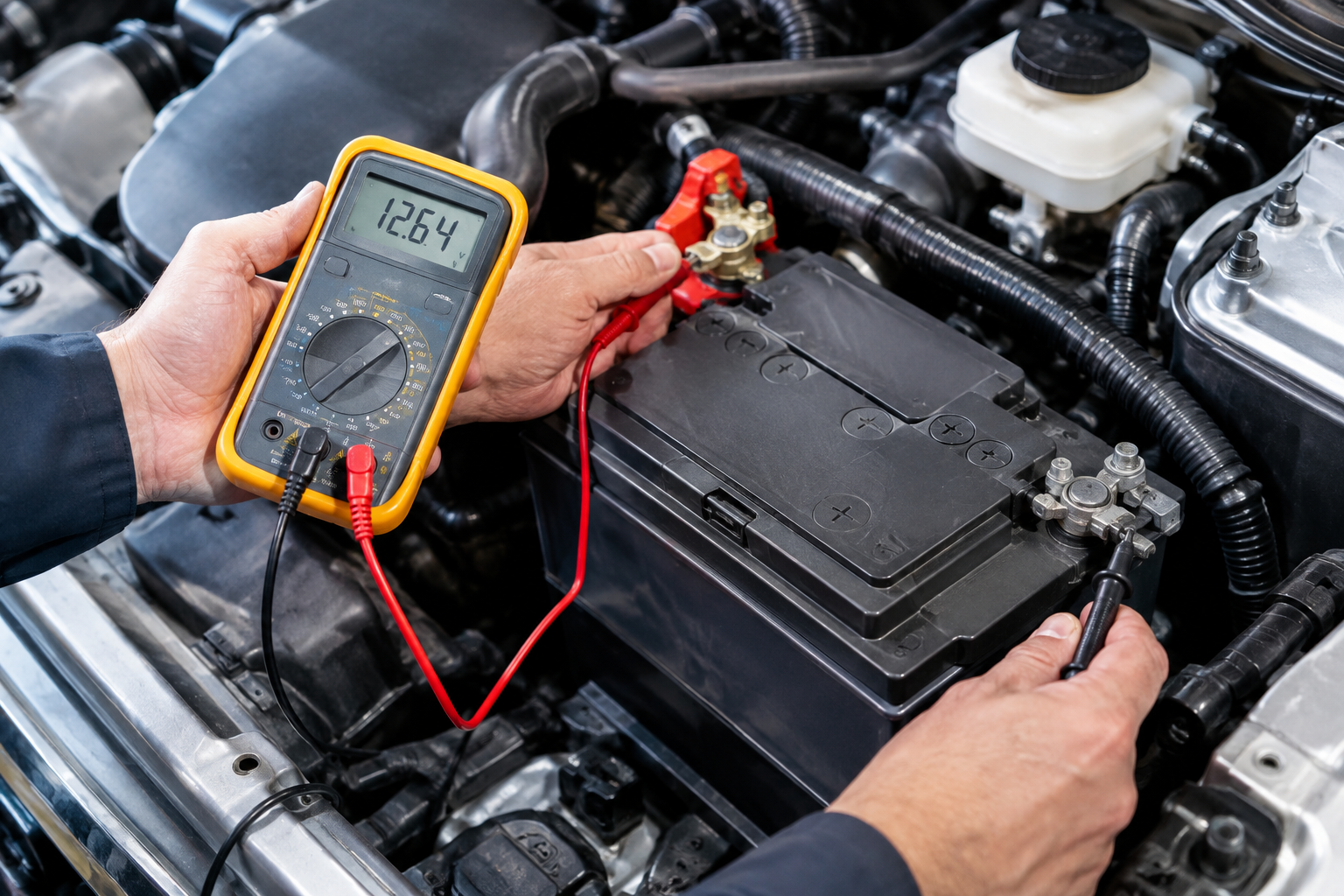 Mechanic testing car battery voltage with a digital multimeter